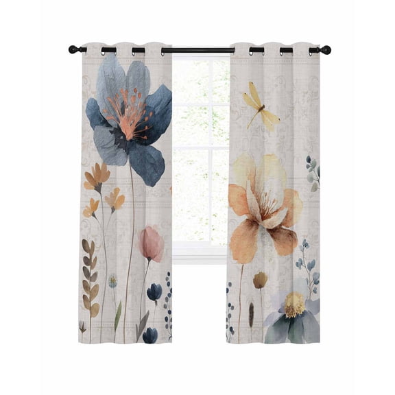 Blue Yellow Flower Blackout Curtains for Living Bedroom, Watercolor Spring Country Yellow Blue Floral Linen Texture 39 In Long Thermal Insulated Darkening Drapes Grommet Window Treatments 27.5x39 In