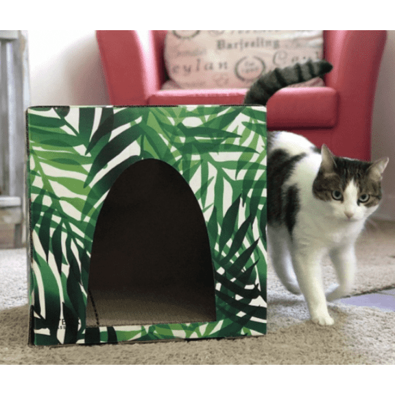 Kitty Jungle Cardboard Cat House with Scratcher, Cat Condo, Cat Scratcher House, Size 14x14x14