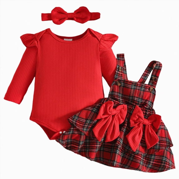 mgoYE Baby Girl Christmas Clothes Plaid Outfits Long Sleeve Romper Overall Skirt Dress Cute Newborn Outfit