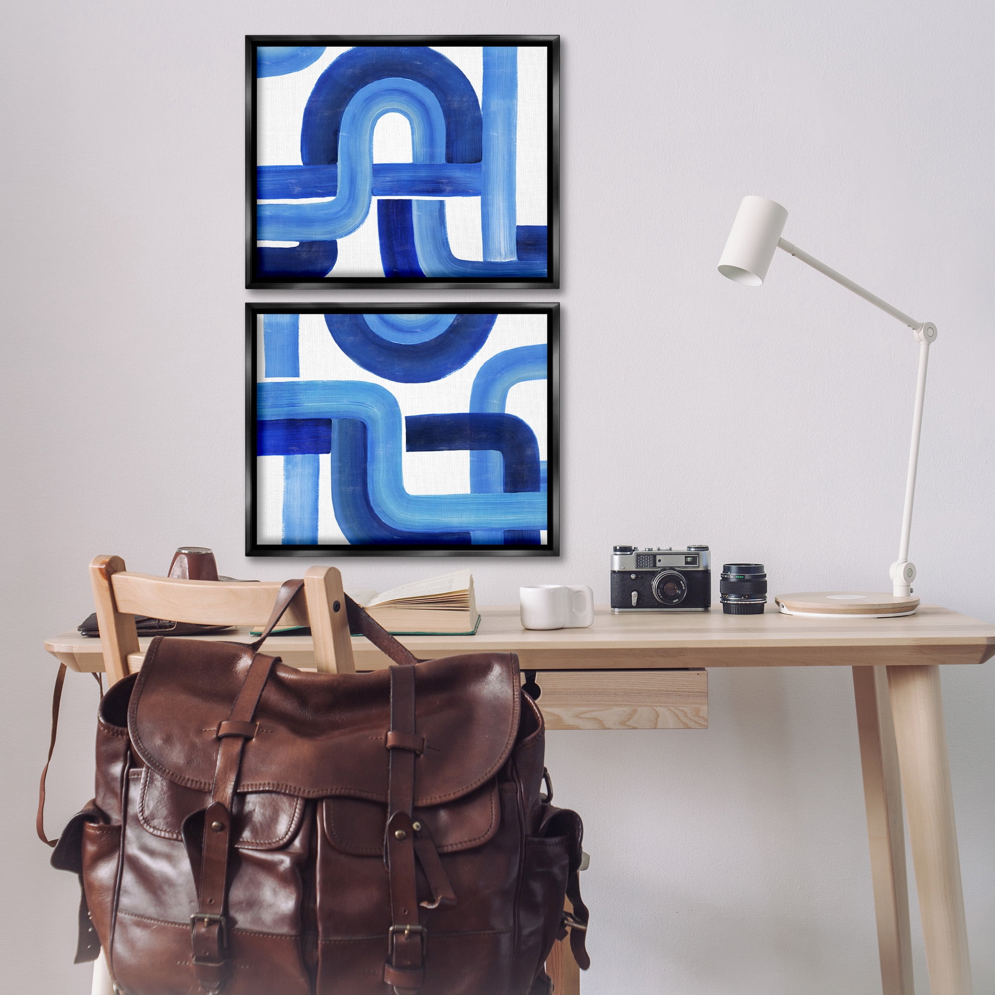 Stupell Industries Woven Blue Geometric Lines Abstract Painting Black Floater Framed Canvas Art Print Wall Art, 21 x 17, Set of 2