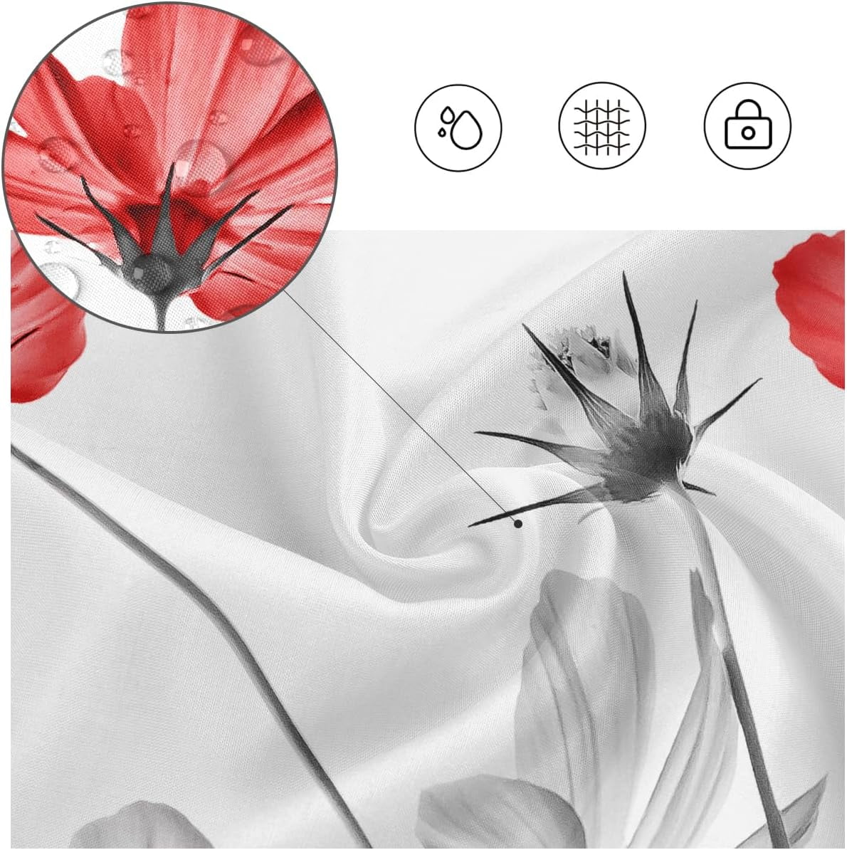 Stall Shower Curtain Small 36''''W x 72''''L Red Gray Flower White Grey Daisy Floral Ink Painting Botanical Simple Elegance Bathroom Curtains Polyester Fabric 7 Pack Plastic Hooks