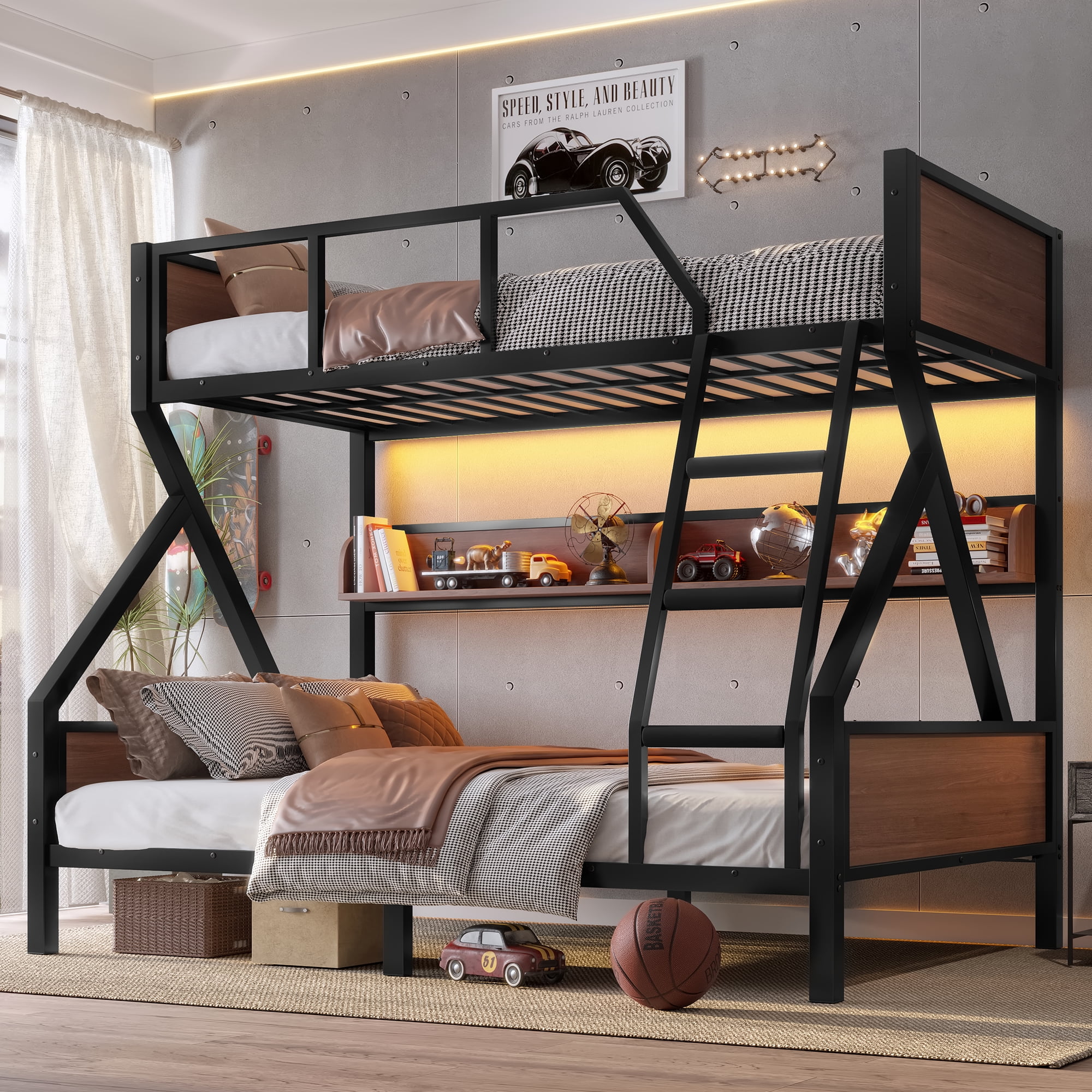 Aukfa Heavy-Duty Twin Over Full Bunk Bed with LED Lights & Storage Shelves, Metal Frame with Guardrails for Kids Teens Adults, Black
