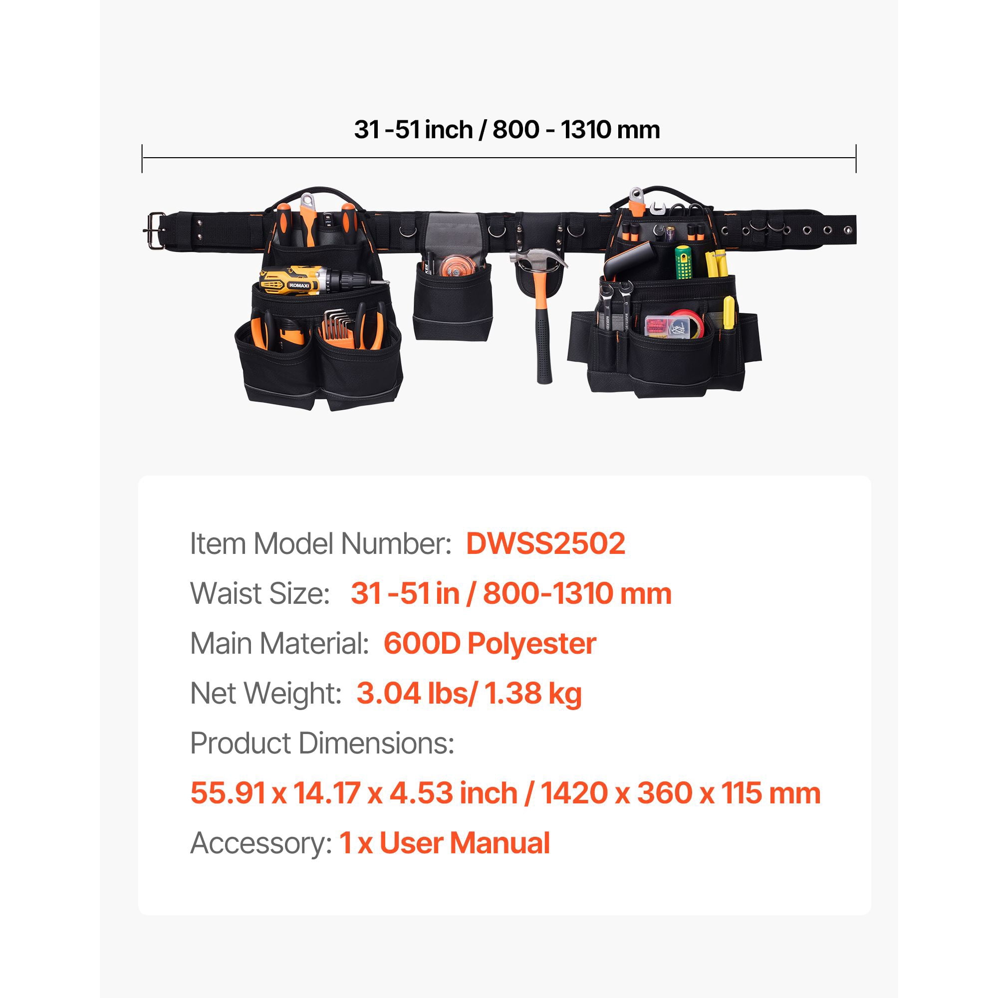 Tool Belt 18-Pockets 600D Polyester Adjustable Waist 31-51 Inch Ergonomic Comfort for Carpentry Construction