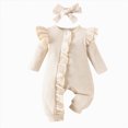 thumbnail image 3 of NOLDARES Newborn Baby Girl Clothes Jumpsuit Set Ruffle Romper Headband One-Piece Coming Home Outfits Fall Clothes,A1120-Beige, 3 of 9