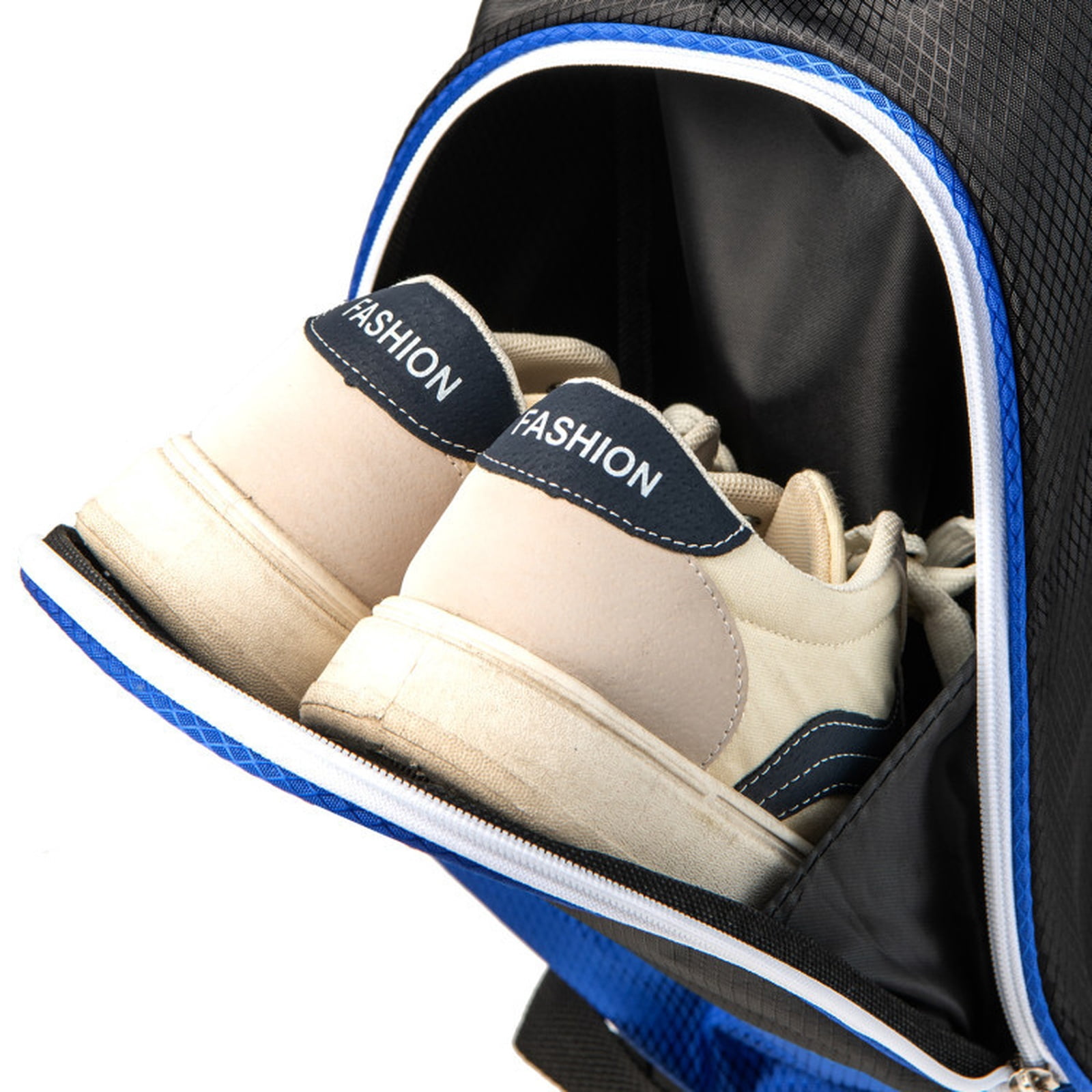 Airfind Tour-Cart 14-Way Golf Cart Bag with Color-Matched Rain Hood and Towel Ring featuring 9 zip pockets and a 9 in cart-well base for cart play, Marine Blue