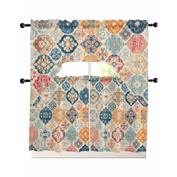 Boho Morocco Swag Kitchen Curtains Sets for Windows 24 Inch Length, Retro Farmhouse Ethnic Neutral Aesthetic Short Window Curtain Panels Swags Valances and Tiers 3 Piece Set for Cafe/Dining Room