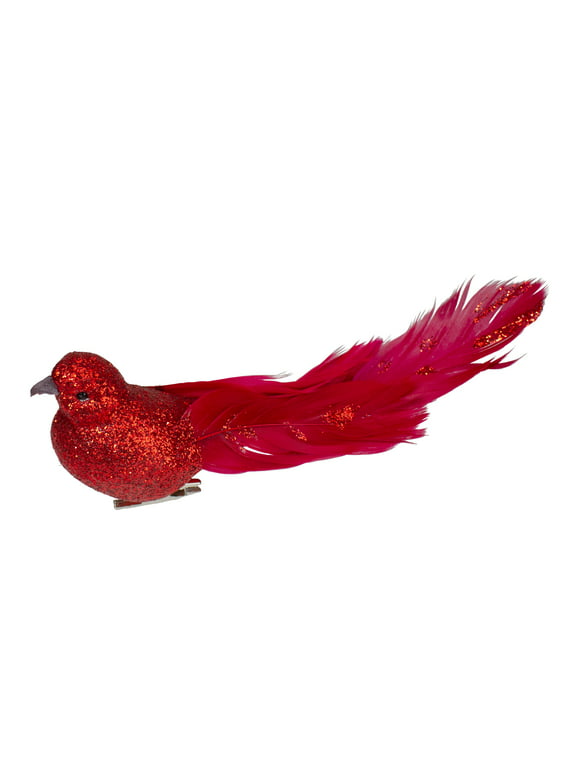 Northlight 7" Red Glittered Bird With Feathers Christmas Clip On Ornament