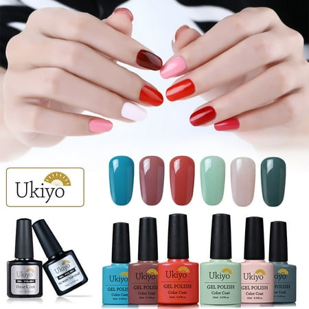 Ukiyo 6 Colors UV LED 10ML Gel Nail Polish + No Wipe Top Coat + Base Coat ,Set