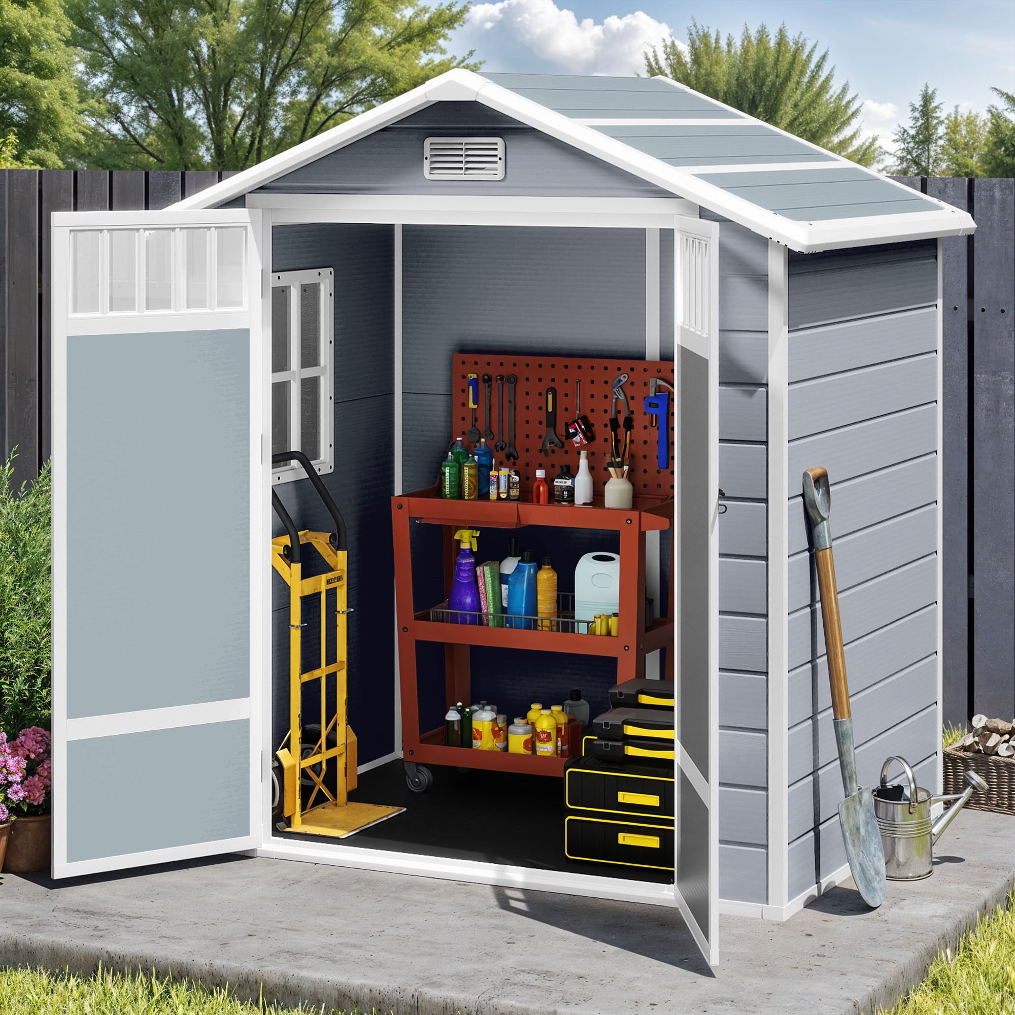 Dextrus 6x4.4 FT Outdoor Storage Shed with Floor and Window, Large Storage Shed with Lockable Door, and Vents, Light Gray