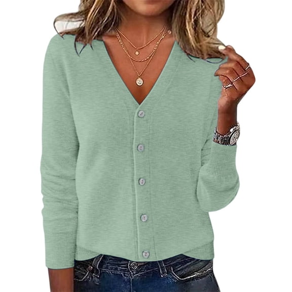 Women's V Neck Knitted Cardigan Sweater Long Sleeve Lightweight Layering Top for Spring Autumn Fashion
