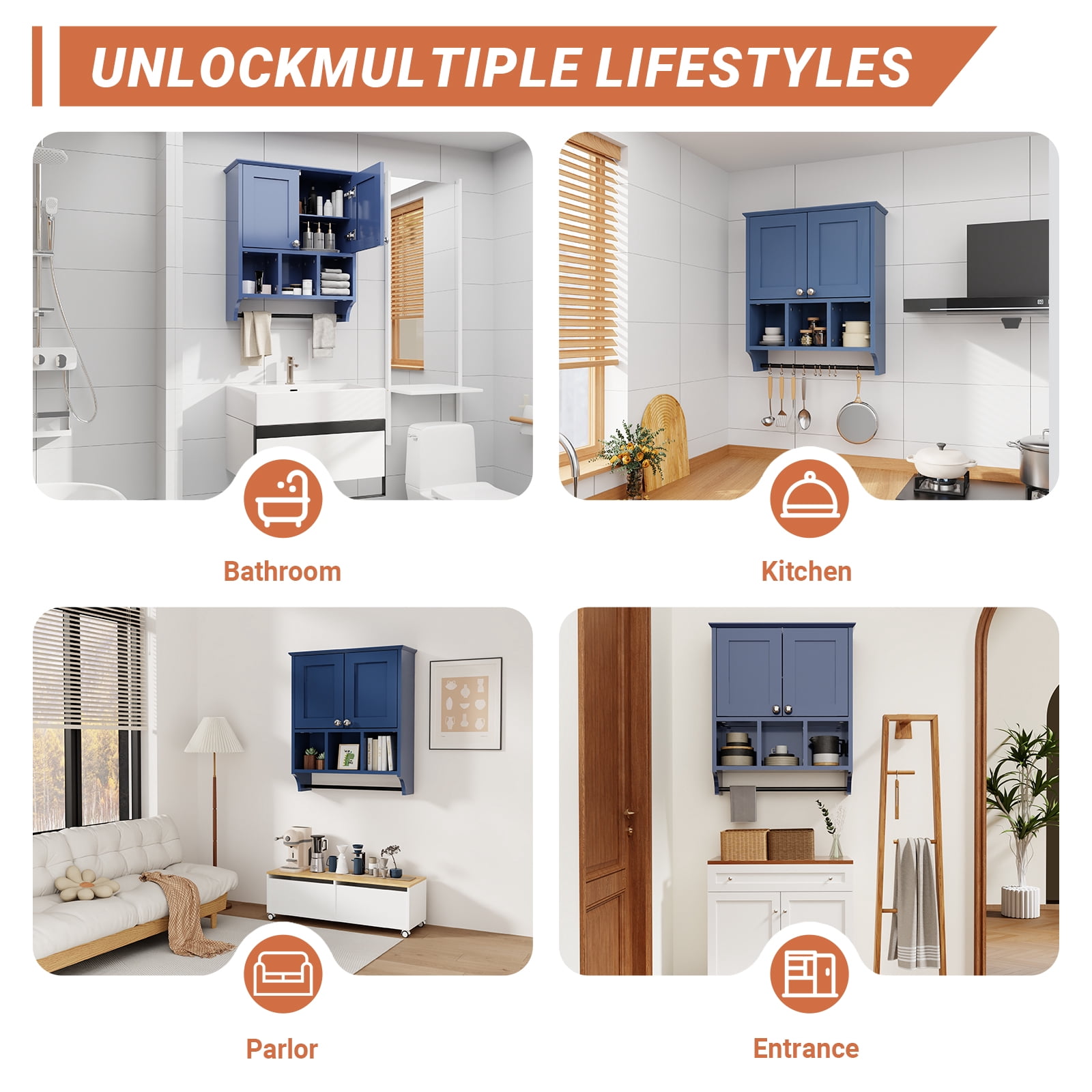 KZElegy Bathroom Medicine Cabinet Wall Mounted 2-Door with 3 Open Shelves, Over The Toilet Storage Cabinet with Towels Bar for Toilet,Blue