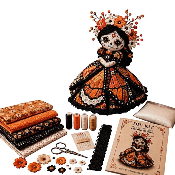Day Of The Dead Patchwork Doll Diy Sewing Kit Floral Lace Skeleton Craft Set For Halloween Home Decoration Gift(Black-20Cm)