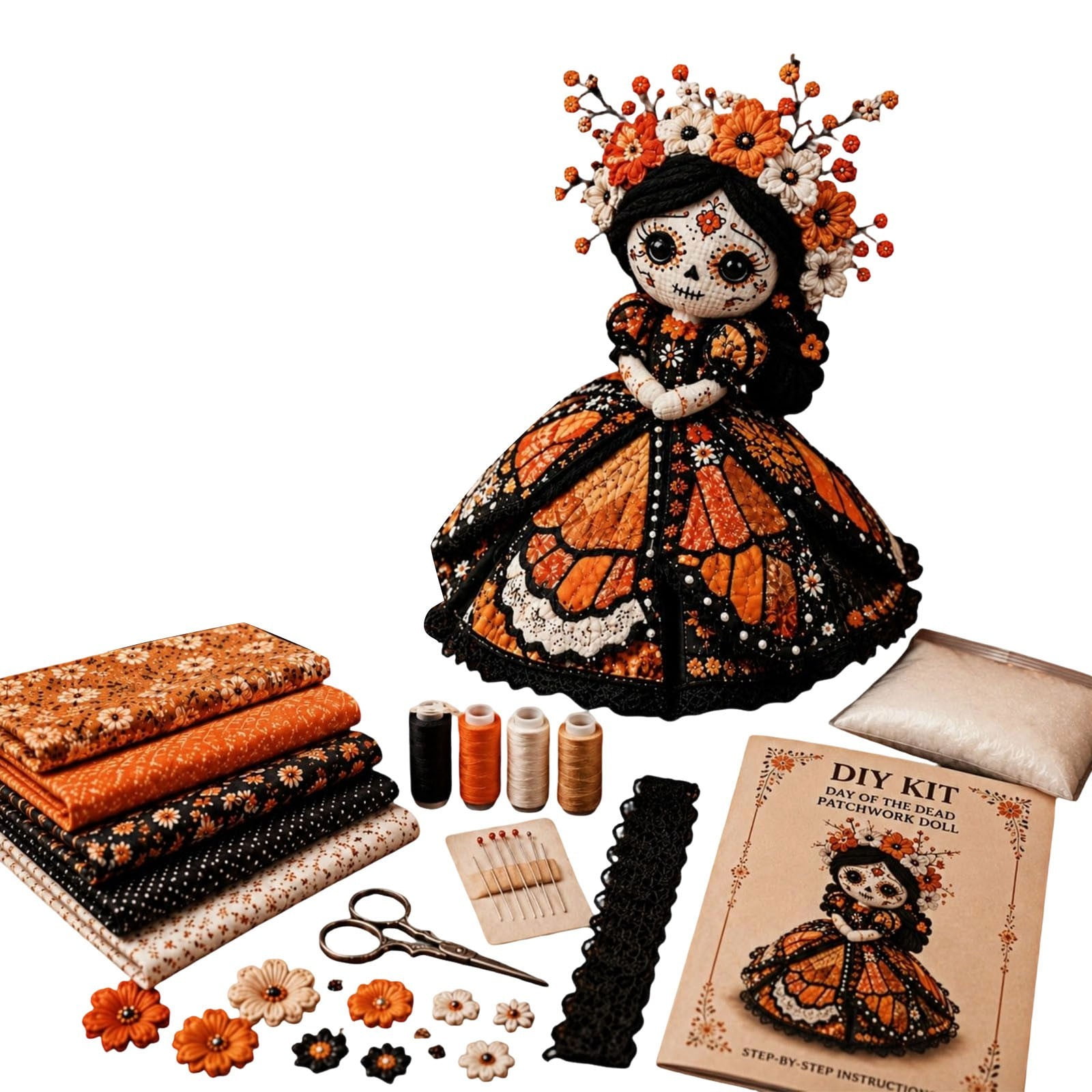 Day of the Dead Patchwork Doll DIY Craft Kit - Halloween Sewing Project for Adults Black