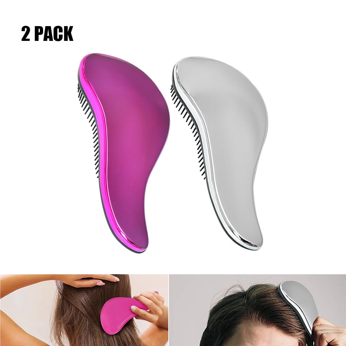 Detangling Brush Set, 2 Pcs, Detangler Brush for Curly Thick Hair, Detangling Comb for Women, Men or Kids, Pink & Silver