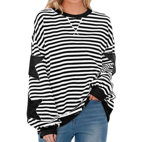 dGslk Women’s Long Sleeve Striped Crewneck Pullover Sweatshirt with Star Patchwork Loose Fit Casual Top for Daily Wear Black L
