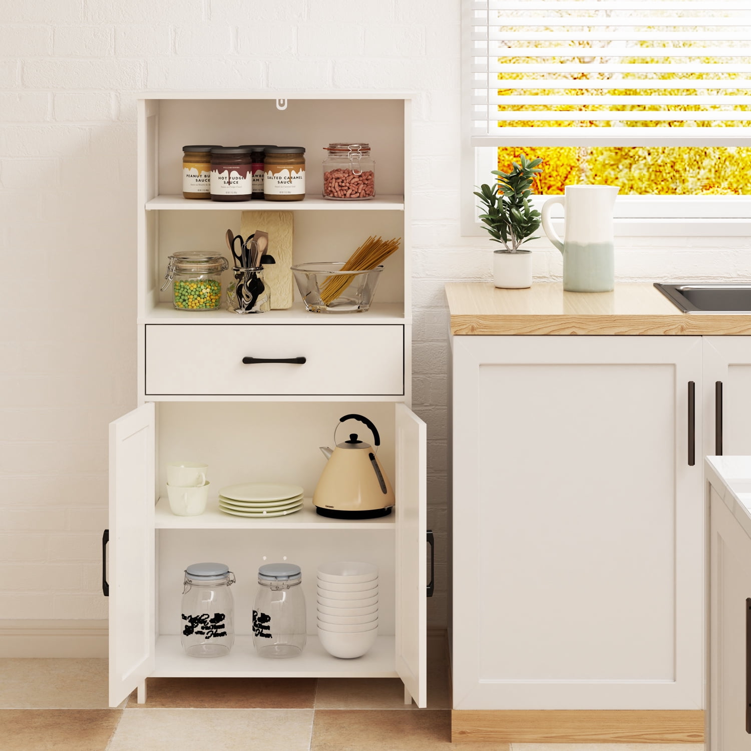 LENLN Farmhouse Bathroom Floor Cabinet with 2 Doors, 1 Drawer & 2 Open Shelves, 51" Tall Freestanding Storage Cabinet for Kitchen, Living Room, White