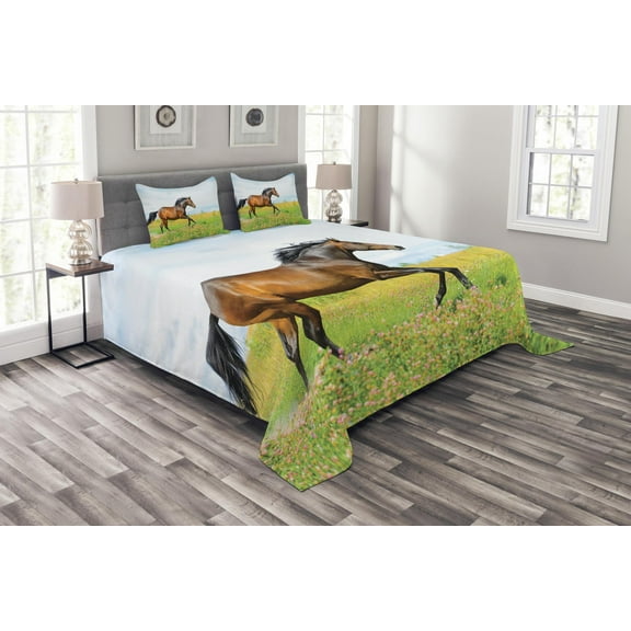 Ambesonne Animal Quilted Bedspread Set 3 Pcs, Horse Rural Flowers, Queen Size, Green Brown Pale Blue