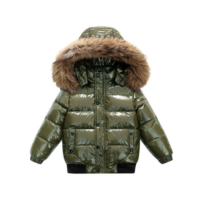 RXMEKW Windproof Hooded Short Puffer Jacket with Large Collar for Girls, Polyester Shell with Down Fill, Olive Green Size 100