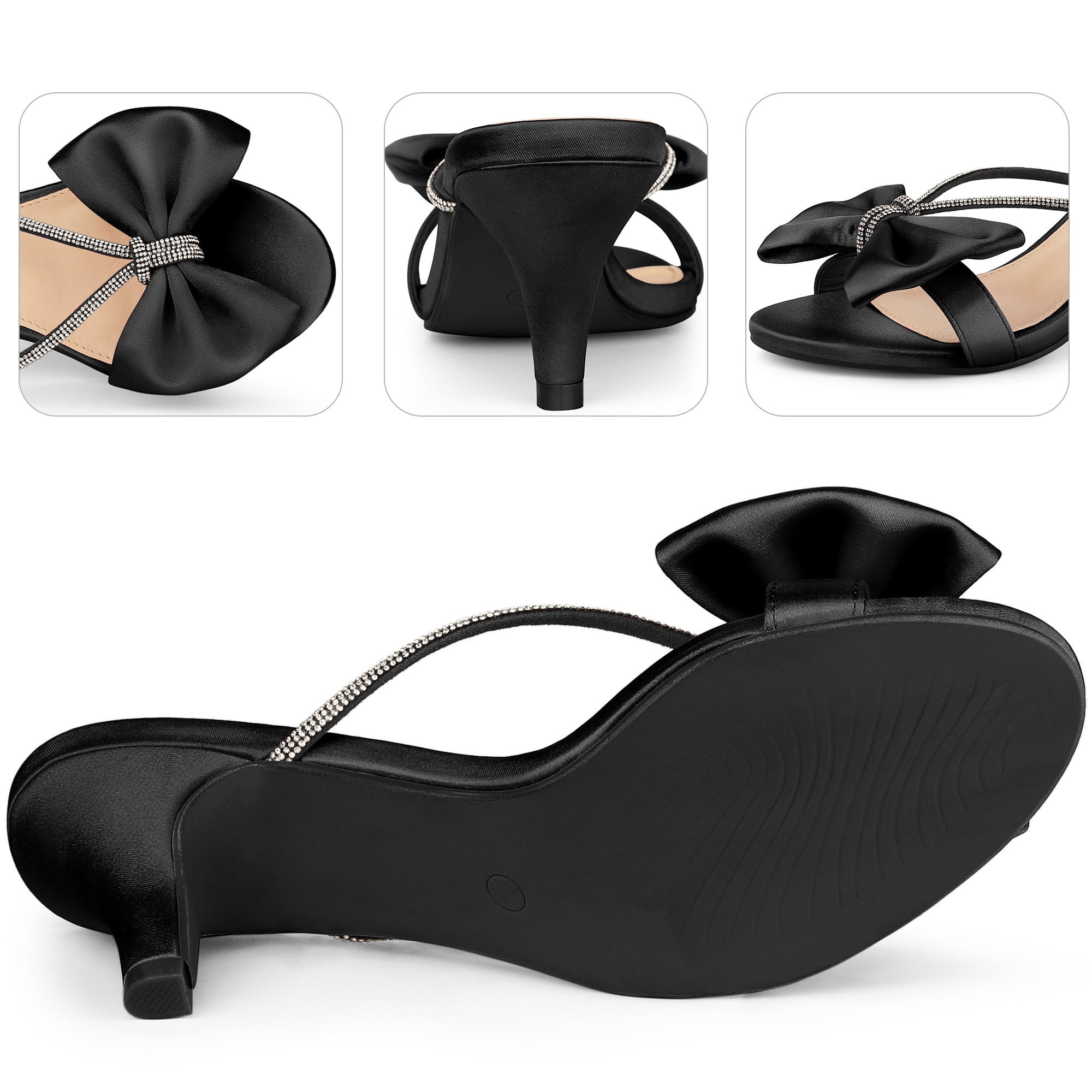 Unique Bargains Women's Rhinestone Strap Bow Kitten Heels Slide Sandals