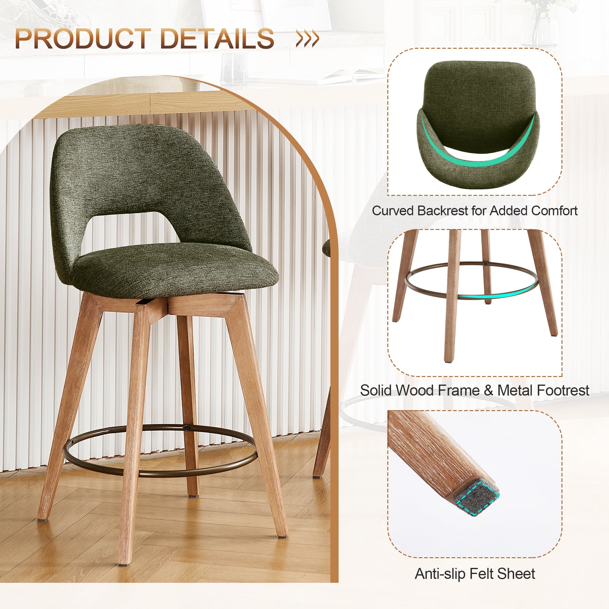 Zesthouse 26.8" Swivel Bar Stools Set of 2, Linen Upholstered Counter Height Stools with Open Back and Brushed Wooden Legs, Mid Century Barstools Kitchen Bar Chairs for 36"-39" Countertop, Green