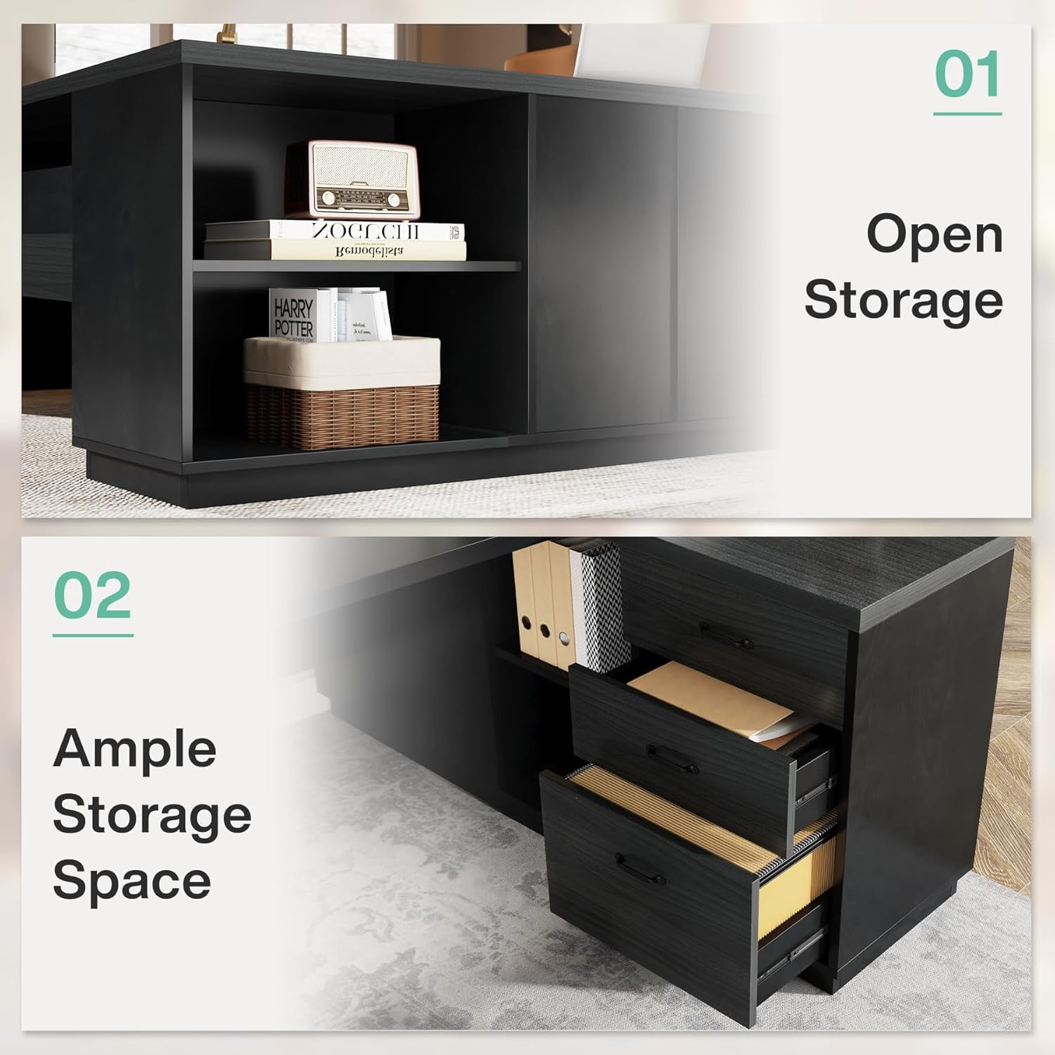 Modern L-Shaped Executive Desk 78-Inch Large Office Desk with Lateral File Cabinet and Storage Shelves Home Office Workstation Walnut Black