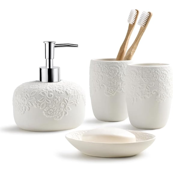 Bathroom Accessories Set with Embossed Design 4PCS, Ceramic White Bathroom Accessory Set Bathroom Toothbrush Holder Set Home Decor, 1 Soap Dispenser 13.5oz, 2 Tumbler Cup, 1 Soap Dish