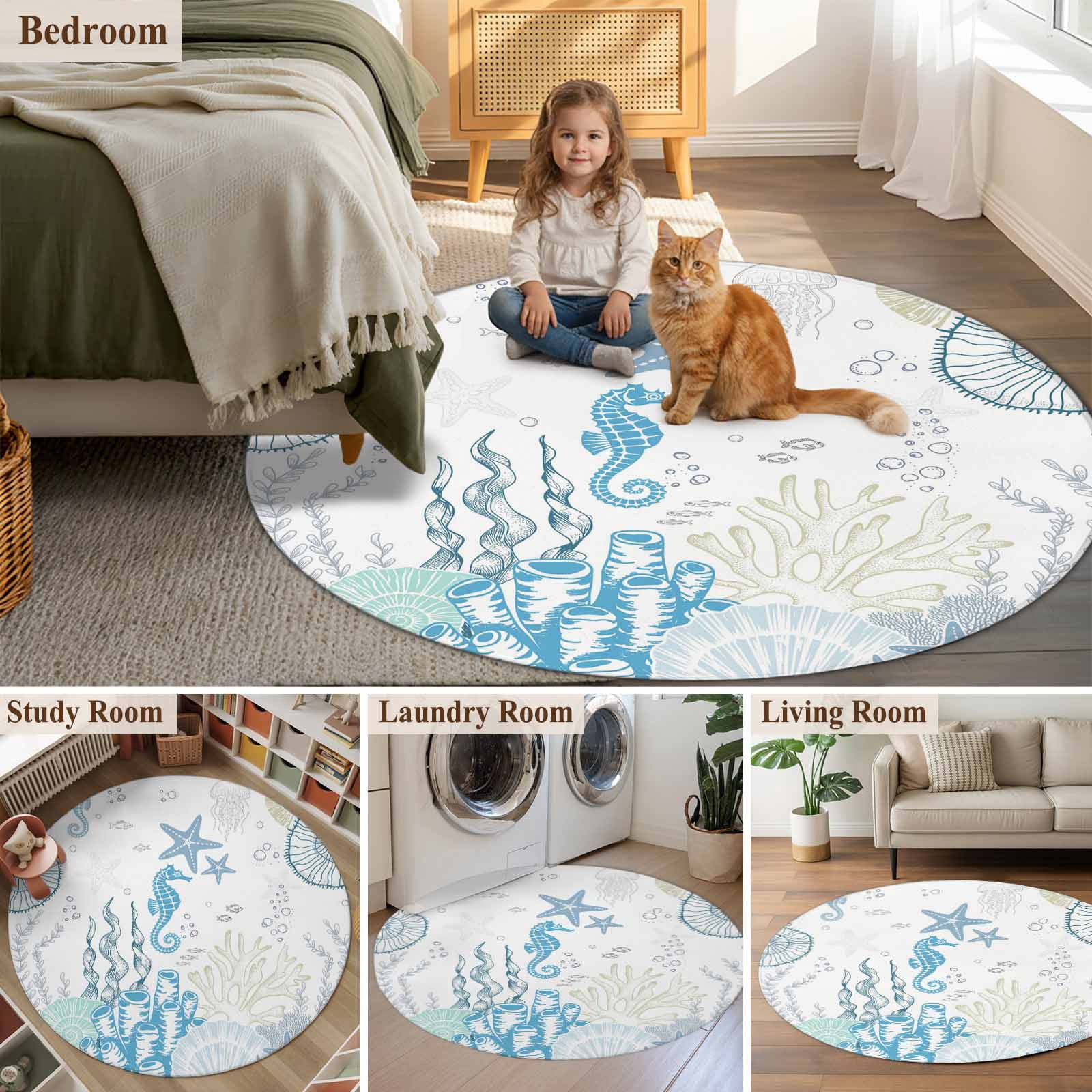 Round Area Rugs Collection 7 Ft, Coastal Blue Non-Slip Residential Carpet, Ocean Coral Starfish Jellyfish Seahorse Indoor Crawling Mats Runner Rugs for Living Room/Dining Room/Bedroom