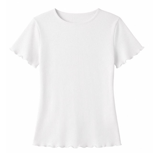 Girls Ribbed Knit Crew Neck Short Sleeve T Shirts Kids Casual Scallop Edge Solid Tees Tops