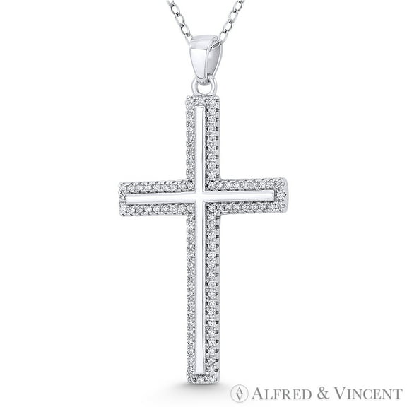 Latin Cross Cubic Zirconia CZ Crystal Pave 43x23mm (1.7x0.9in) Christian Pendant & Chain Necklace in .925 Sterling Silver w/ Rhodium