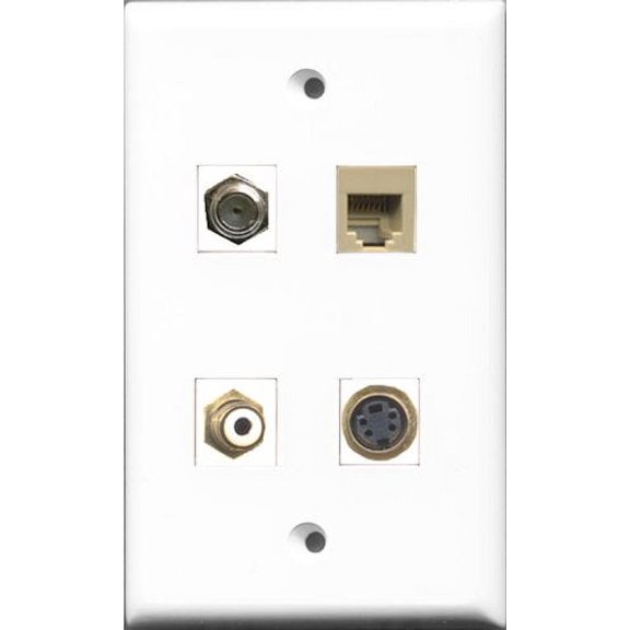 RiteAV 1 Port RCA White and 1 Port Coax Cable TV- F-Type and 1 Port Phone RJ11 RJ12 Beige and 1 Port S-Video Wall Plate
