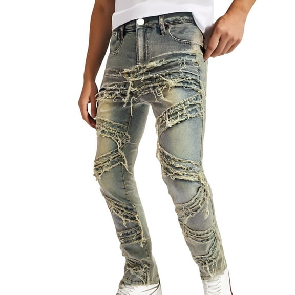 Luwomo Mens Casual Jeans Ripped Stacked Long High Waist Straight Leg Slim Fit Trousers Fashion Streetwear Relaxed Fit Denim Pants Blue,L