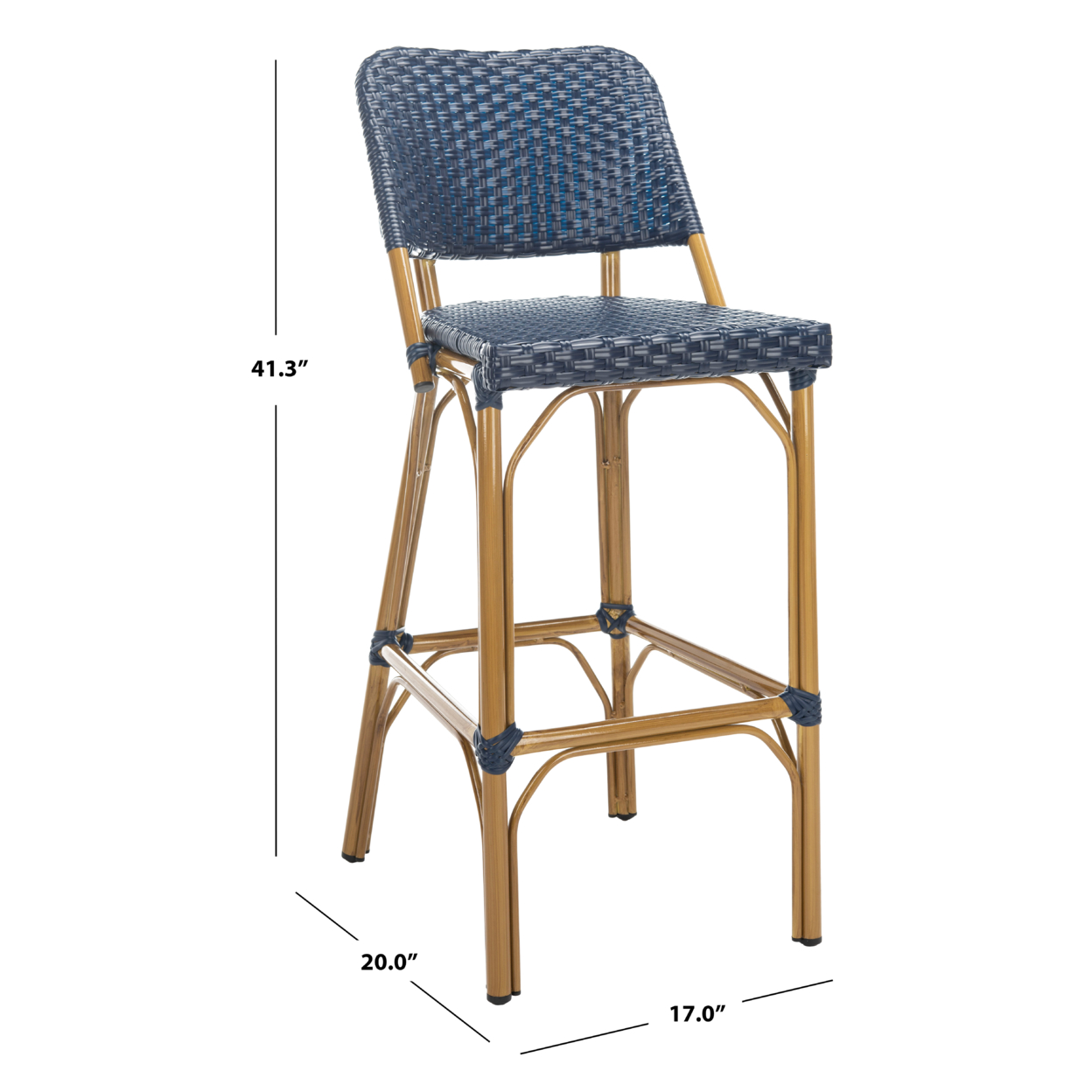 SAFAVIEH Deltana Bohemian Navy Rattan High Back Bar Stool (17 in. W x 20 in. D x 41.3 in. H)