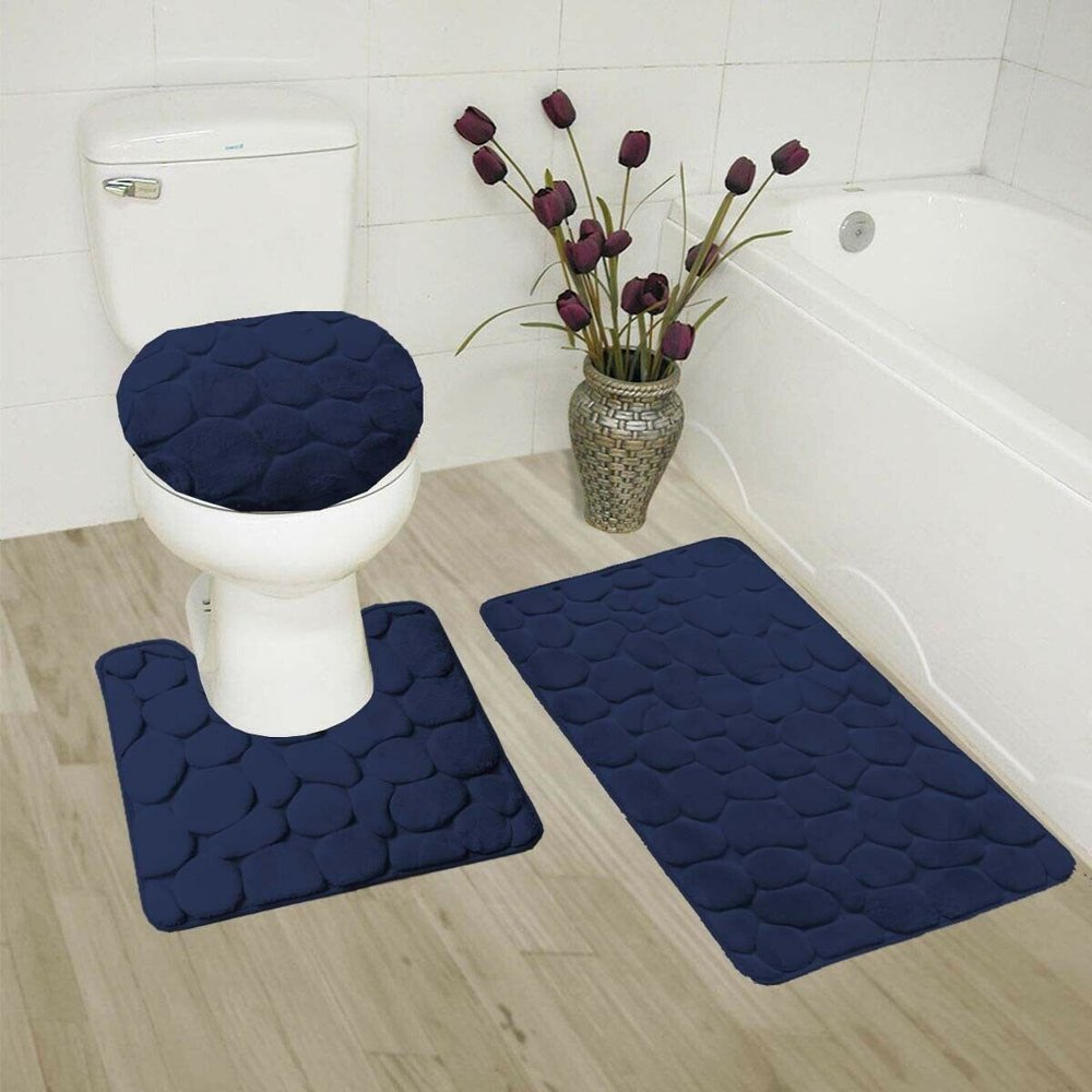 3 Navy 3Piece Shiny Soft Plush Bathroom Mat Set, Plain Large Rug 20"x