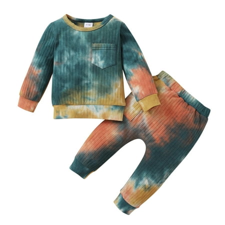 

NIUREDLTD Kid Fall Winter Sweatsuits Set Infant Newborn Baby Boys Girls Tie Dye Long Sleeve Ribbed T Shirt Tops Pants Trousers Pajamas 2PCS Set Pullover Top and Joggers Outfit Green1 9M