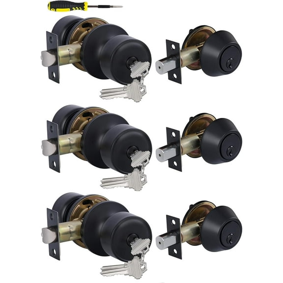 3 Sets Keyed Alike Entry Door Knobs and Single Cylinder Deadbolt Lock Combo Set Security for Entrance and Front Door, All Keyed Same Door Lock with Classic Matte Black Finish