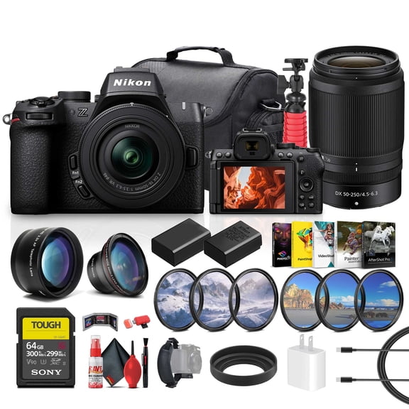 Nikon Z50 II Mirrorless Camera 20.9MP with 16-50mm and 50-250mm Lenses Bundle 64GB Card Battery Software Bag (International Model)