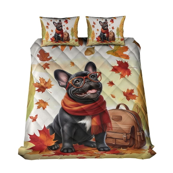 Welcome Fall French Bulldog Enjoys School Time Autumn Fall Leaves Quilt Bedding Set Dog Lover Gifts 1 Blanket Bed Cover 2 Pillowcases - 02013