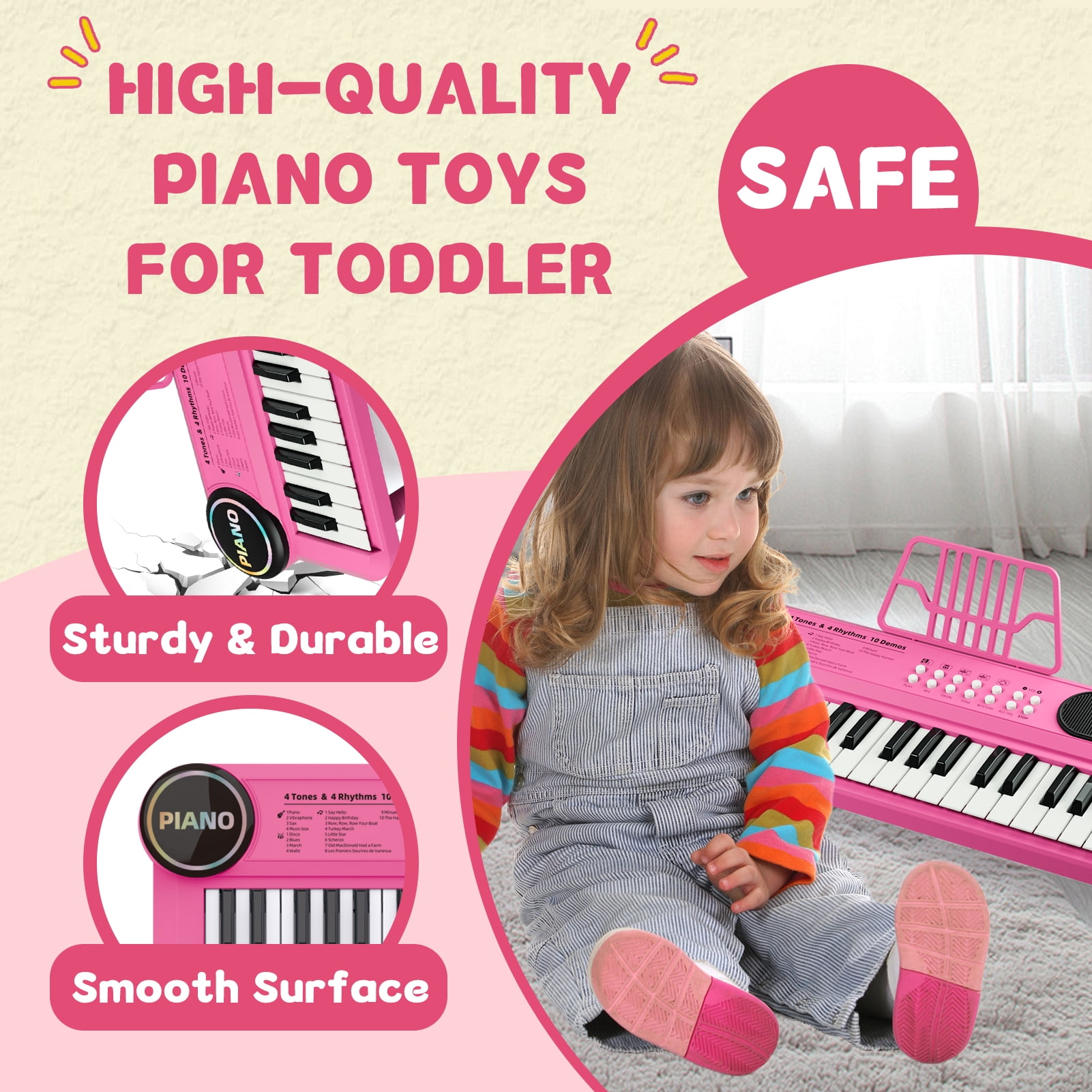 First Birthday Gifts for Girls, 37 Key Pink Piano Keyboard for Kids Toys for 12+ Months Olds Girls, Musical Piano with Microphone & Music Stand, Portable Electronic Instrument Gifts for Toddlers 1-3