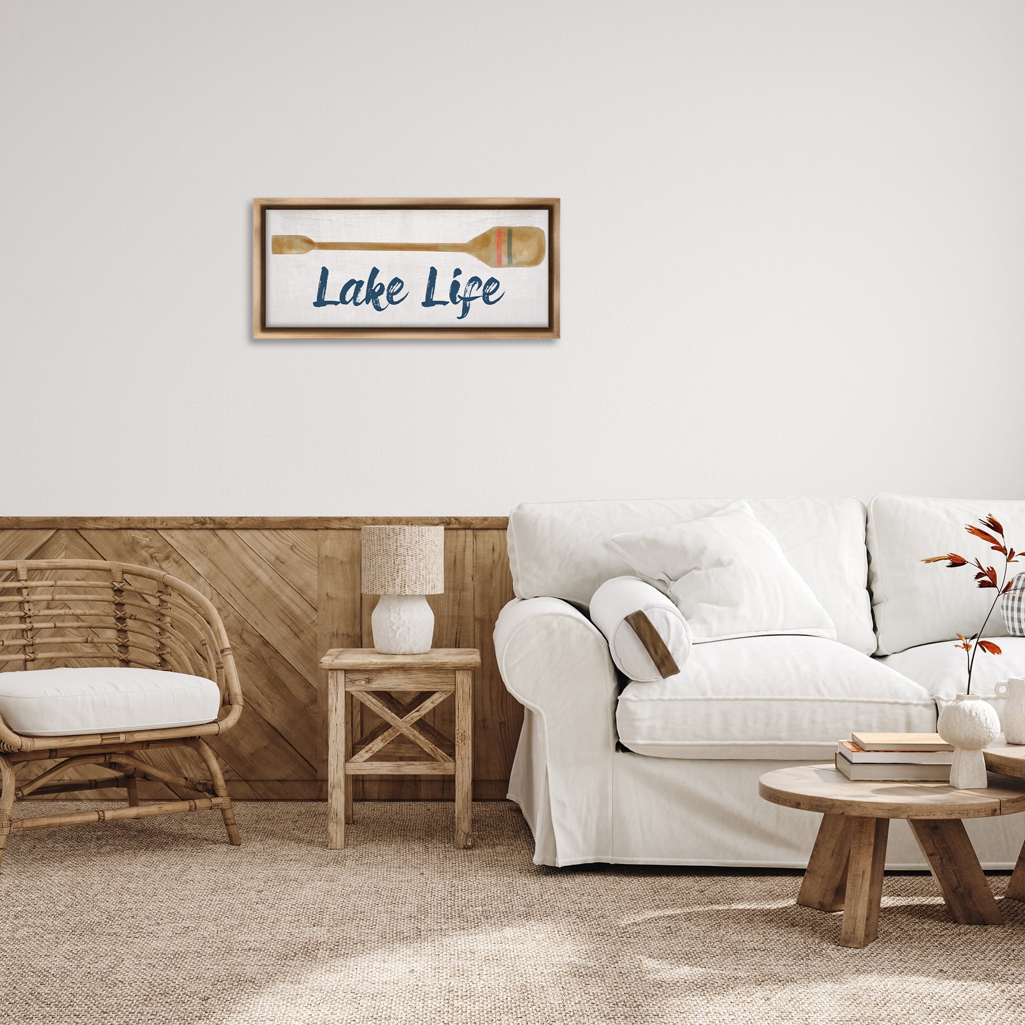 Stupell Industries Lake Life Boat Oar Inspirational Painting Brown Floater Framed Canvas Art Print Wall Art, 25 x 11