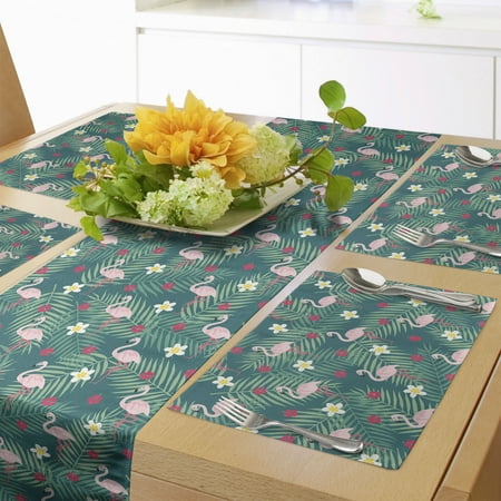 

Flamingo Table Runner & Placemats Tropical Plants Hibiscus Petals on Palm Leaf Botany Paradise Set for Dining Table Decor Placemat 4 pcs + Runner 16 x72 Dark Teal Rose Magenta by Ambesonne