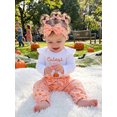 thumbnail image 4 of RUINIXCW Newborn Baby Girl Halloween Outfit Fall Winter Clothes Cute Pumpkin Letters Print Ribbed Ruffle Long Sleeve Romper and Bow Pants Headband Set, 4 of 9