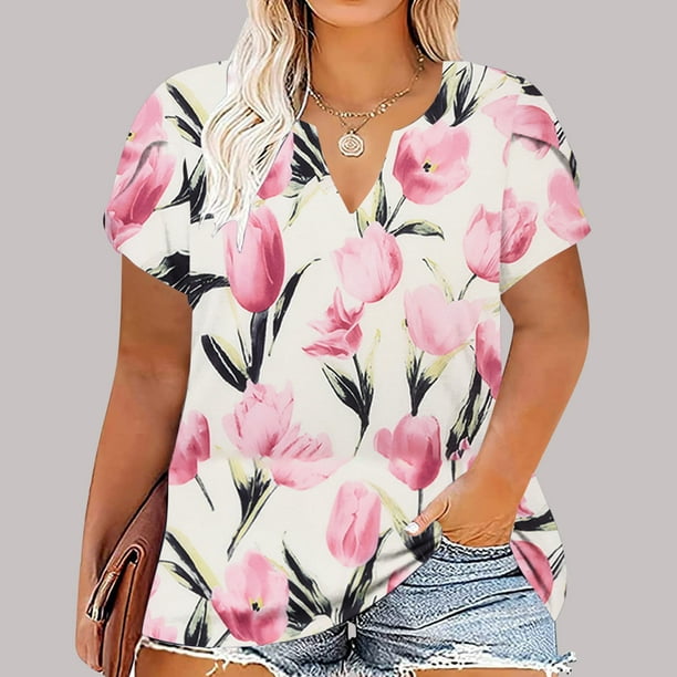 Summer Savings Clearance! zanvin plus size womens clothing, Womens Plus  Size Tops Casual Short Sleeve V Neck Print Loose Fit Tunic Tops T Shirts  Flowy