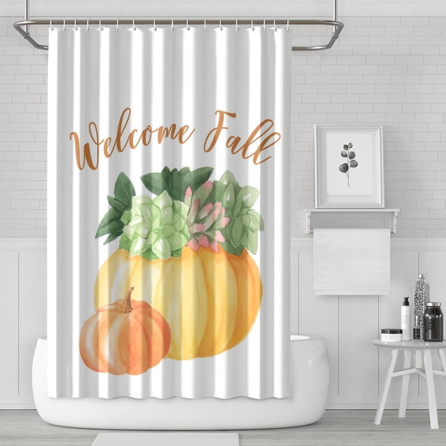 Bienvenue Rideaux de Douche Citrouille Orange d'Automne, Rideau de Spectacle Lavable avec Crochets en Tissu Polyester Rétro pour Halloween, Action de Grâce, Noël, Hôtel, Dortoir