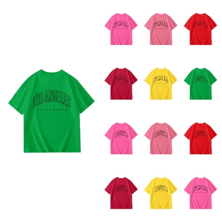 Girls Short Sleeve T Shirts Casual Letter Print Kids Crewneck Curve Hem Soft Tunic Tops Summer Green Fashion Athletic Tees 5-6 Years