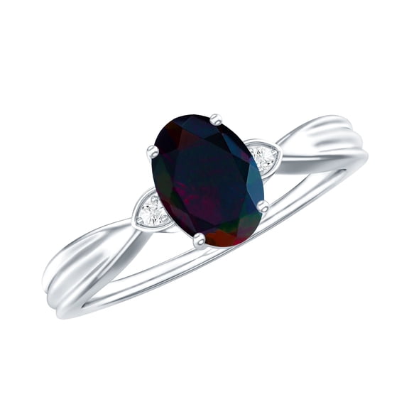 Rosec Jewels Real Black Opal Oval Engagement Ring for Women - 0.9 Ct - Black Opal Diamond Ring - AAA Grade - with Jewelry Box, 925 Sterling Silver, US 4.00