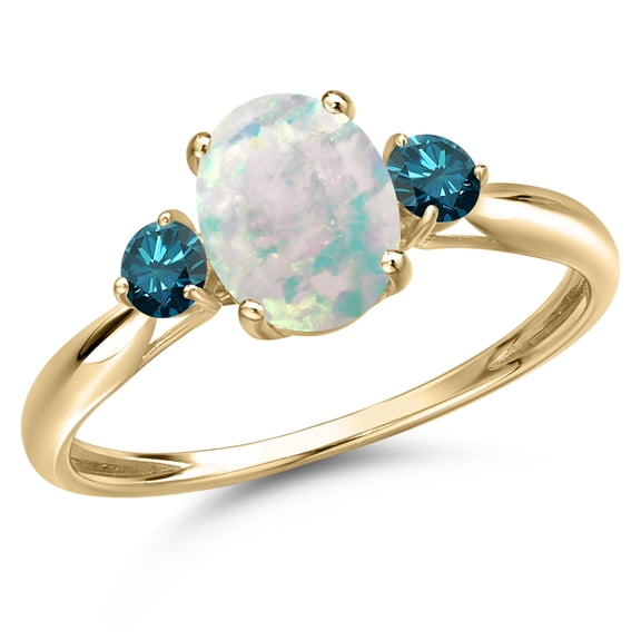 Gem Stone King 10K Yellow Gold Simulated White Opal and Blue Diamond 3-Stone Ring for Women | 1.20 Cttw | Oval Cabochon 8X6MM | Gemstone October Birthstone | Size 7