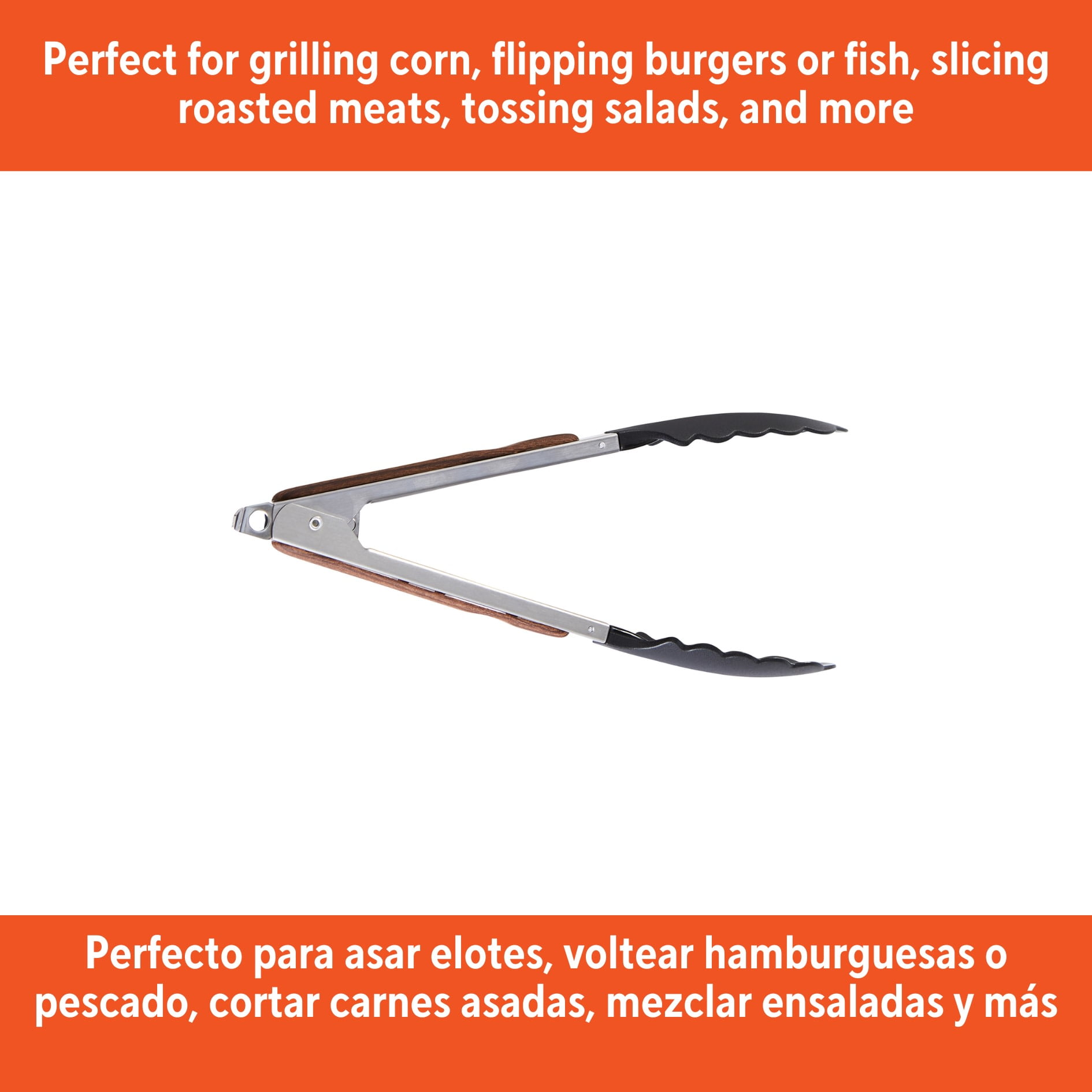 IMUSA 9in Chef WL Stainless Steel Food Tongs with Nylon Tips and Wood Look Grip