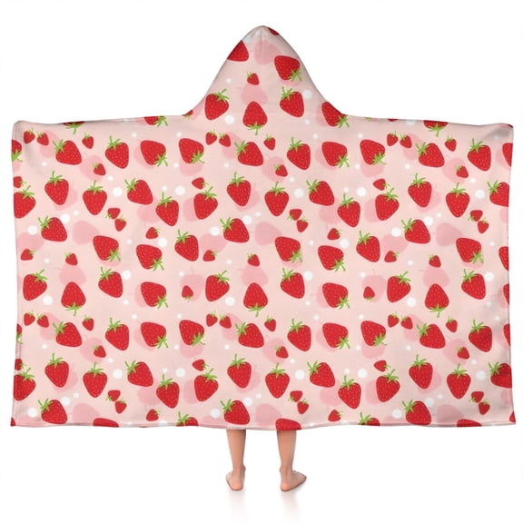 Red Strawberry Plants Fruit Dot Pink Pattern Hooded Bath Towel,50"x30" for Ages 3 To 12 Kids, Quick Dry Lightweight Soft Microfiber Hood Beach Towel Cover Up for Kids