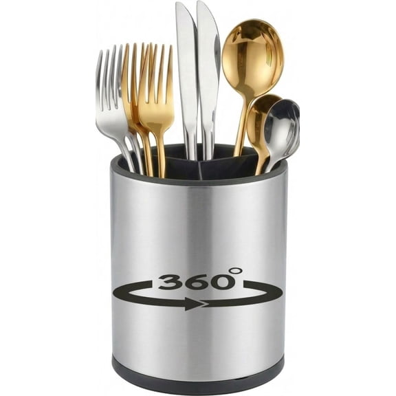 IRuiYinGo Extra Large Kitchen Utensil Holder- 360° Rotating Stainless Steel Cooking Utensil Holder for Countertop, 3 Compartment Flatware Organizer & Utensil Caddy with Drain Removable Base