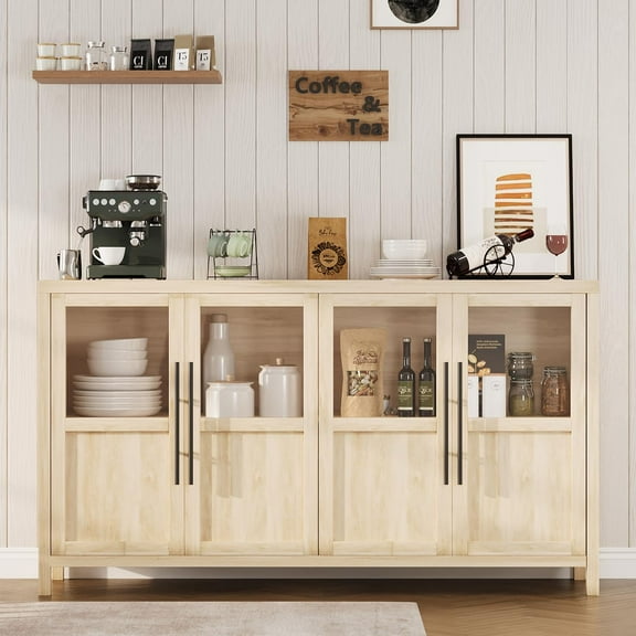 Homhougo 55" Large Buffet Cabinet with 4 Glass Doors, Sideboard Buffet Cabinet with Storage, Modern Farmhouse Storage Cabinet Table for Kitchen Dining Room, Living Room, Pear Wood